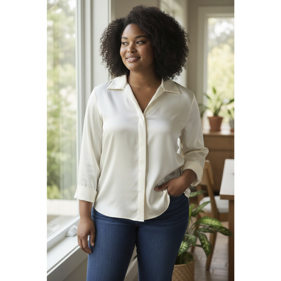 Lafayette 148 New York Tops - Lafayette 148 New York Silk Blouse Ivory Champagne LS Button Front Plus Size 20